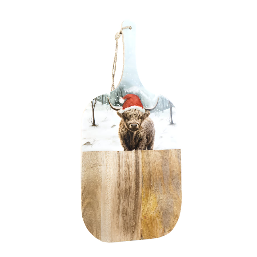 Winter Highland Cow Serving Board 50cm, Rustic Mango Wood Kitchen Decor