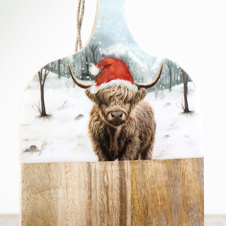 Winter Highland Cow Serving Board 50cm, Rustic Mango Wood Kitchen Decor
