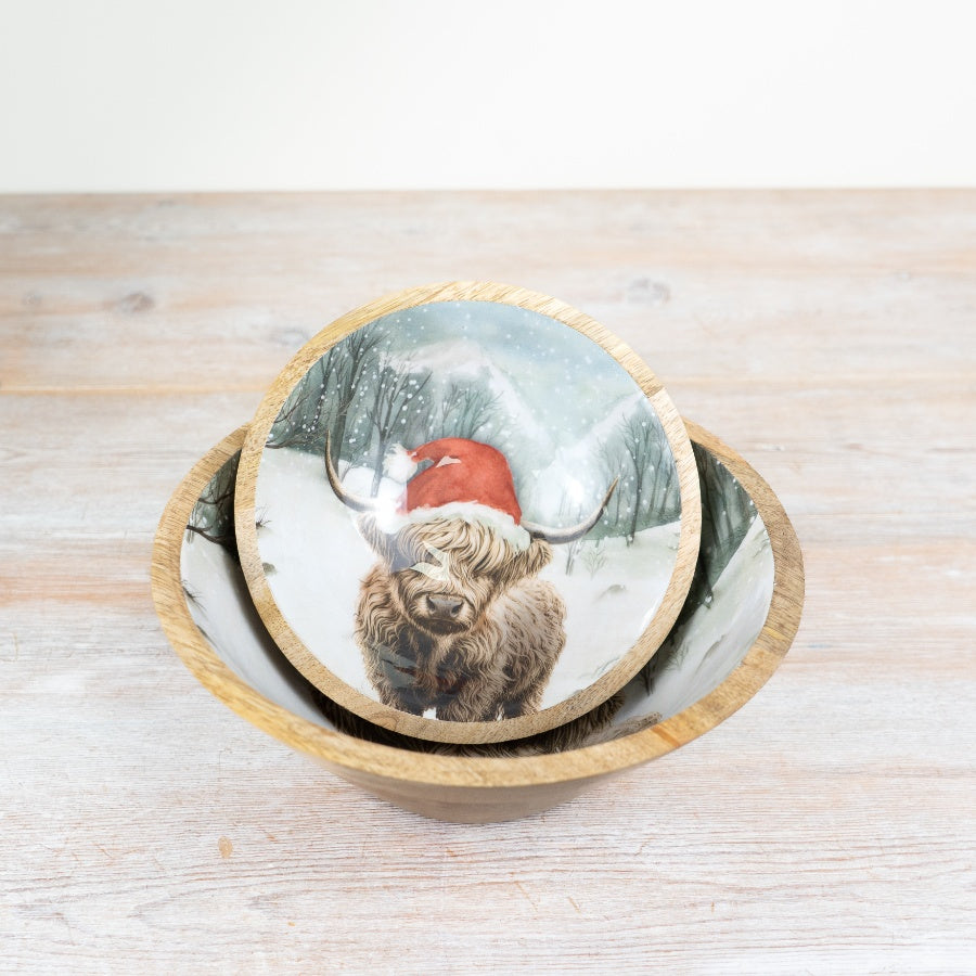 Winter Highland Cow Enamel Bowl 23cm, Chunky Rustic Christmas Serveware