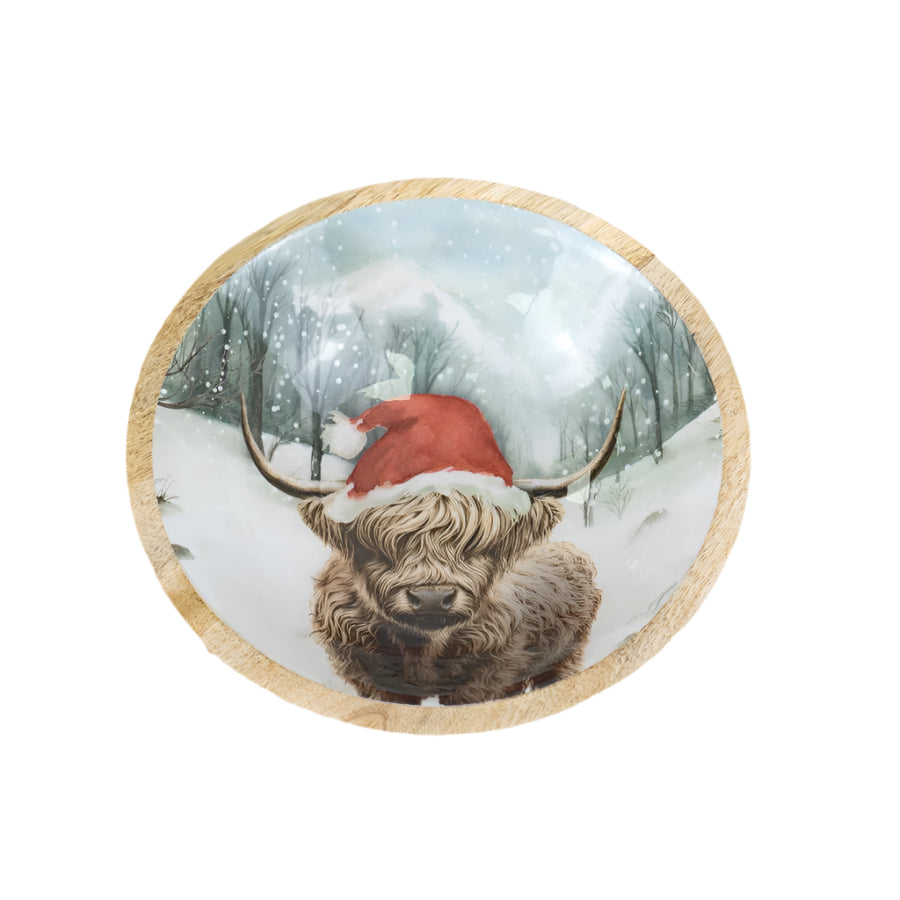 Winter Highland Cow Enamel Bowl 23cm, Chunky Rustic Christmas Serveware