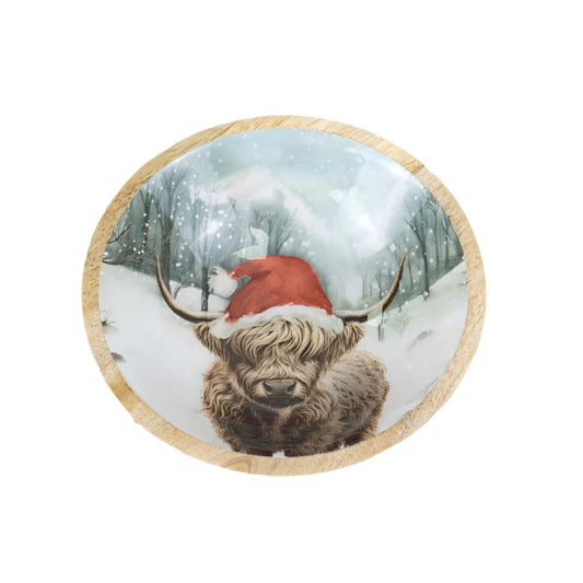 Winter Highland Cow Enamel Bowl 23cm, Chunky Rustic Christmas Serveware