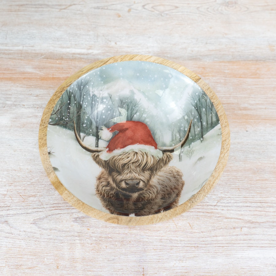 Winter Highland Cow Enamel Bowl 23cm, Chunky Rustic Christmas Serveware
