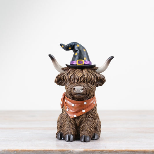 Spooky Highland Cow Ornament 18cm Resin Witch Hat Scarf Rustic Halloween Decor