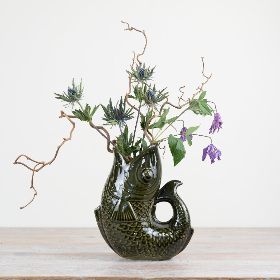 Green Fish Vase 24.7cm Dark Green Fish-Shaped Jug for Flowers and Decor