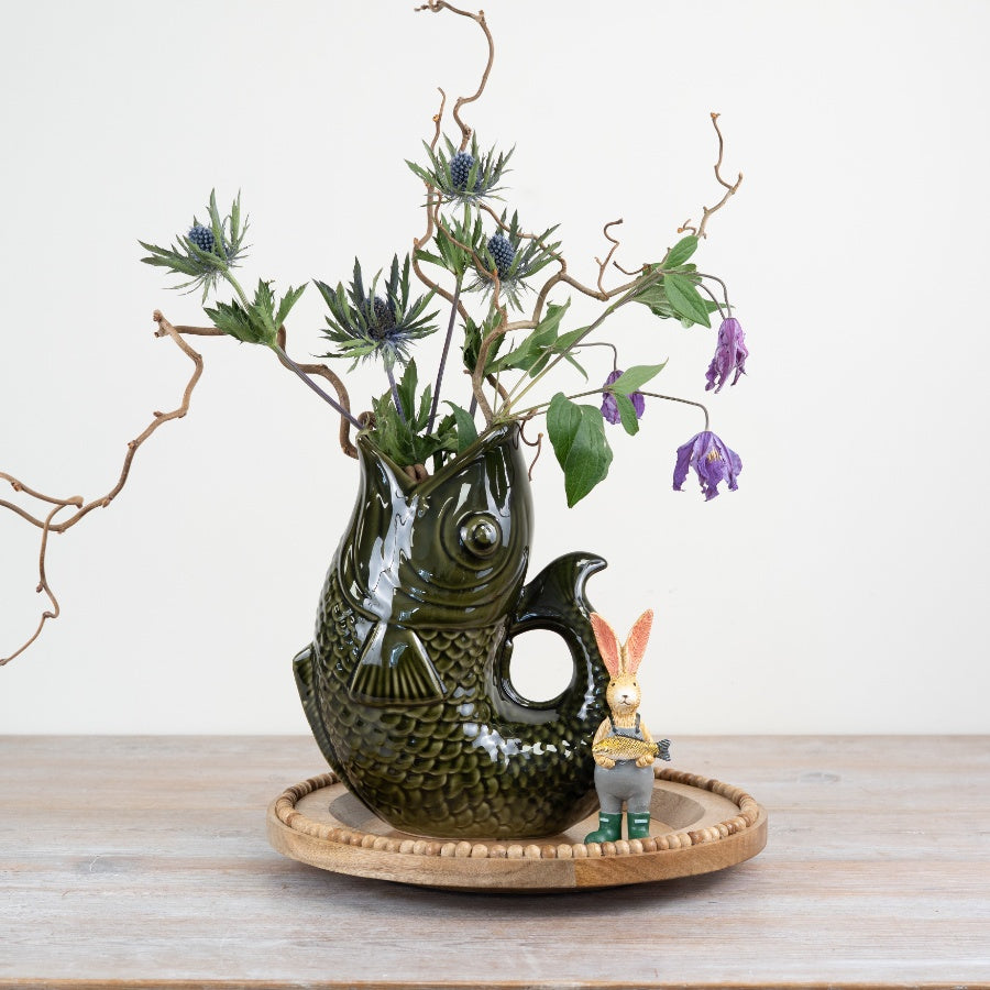 Green Fish Vase 24.7cm Dark Green Fish-Shaped Jug for Flowers and Decor