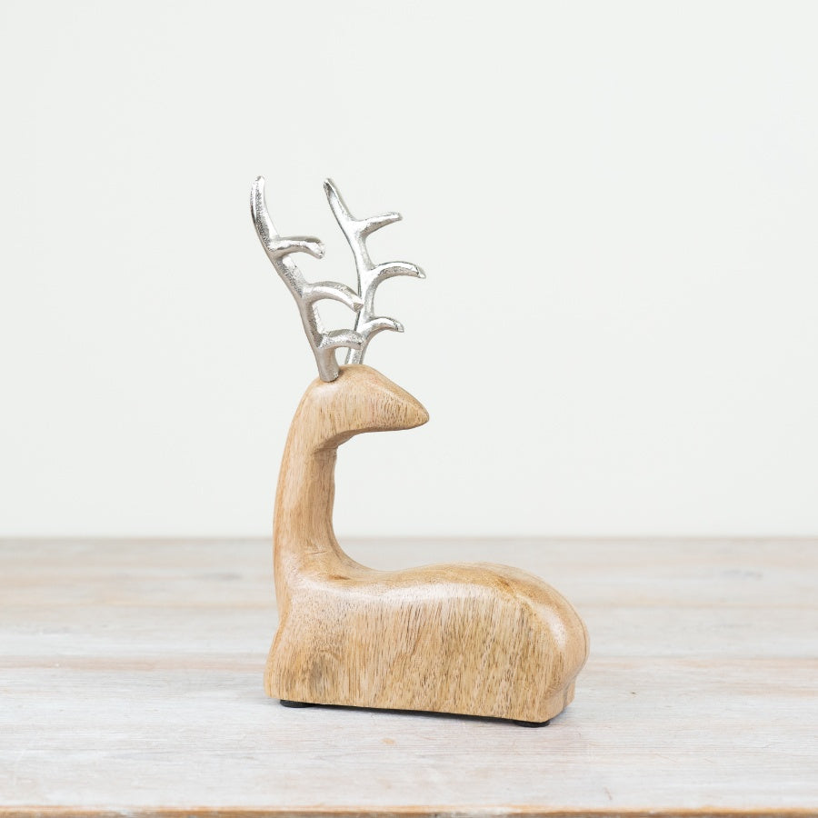 24cm Wooden Reindeer Ornament with Metal Antlers – Rustic Festive Decoration