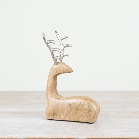 24cm Wooden Reindeer Ornament with Metal Antlers – Rustic Festive Decoration