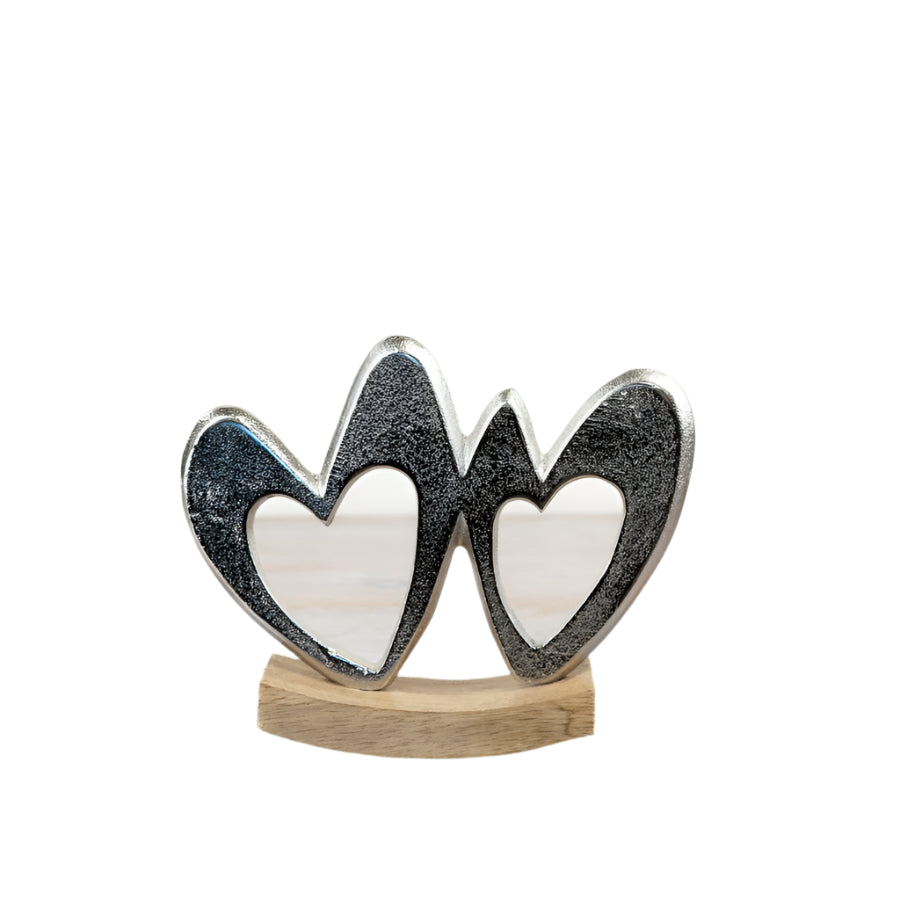 Double Heart Aluminium Wood Sculpture 20cm, Elegant Modern Home Decor