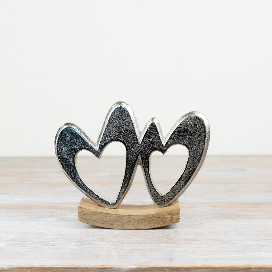 Double Heart Aluminium Wood Sculpture 20cm, Elegant Modern Home Decor
