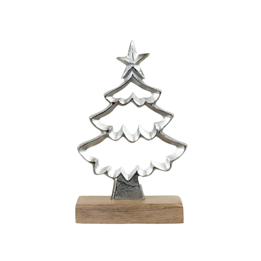 Metal Christmas Tree Ornament on Wood Base 22cm, Rustic Holiday Decor