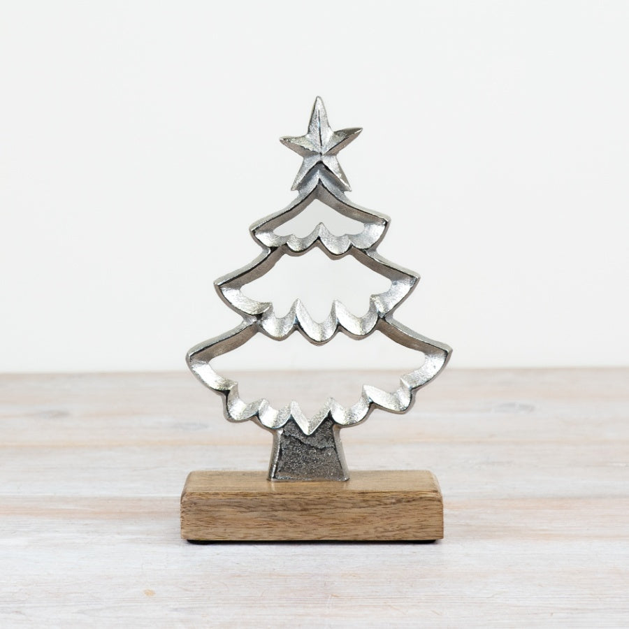 Metal Christmas Tree Ornament on Wood Base 22cm, Rustic Holiday Decor