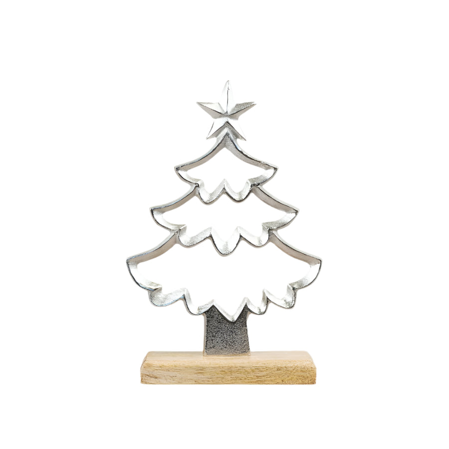 Aluminium Christmas Tree with Star on Wooden Base 31cm Elegant Decor