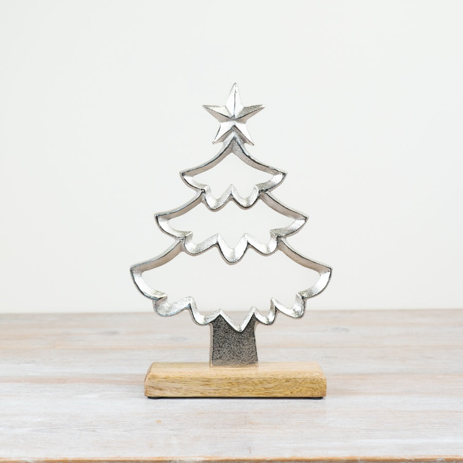 Aluminium Christmas Tree with Star on Wooden Base 31cm Elegant Decor