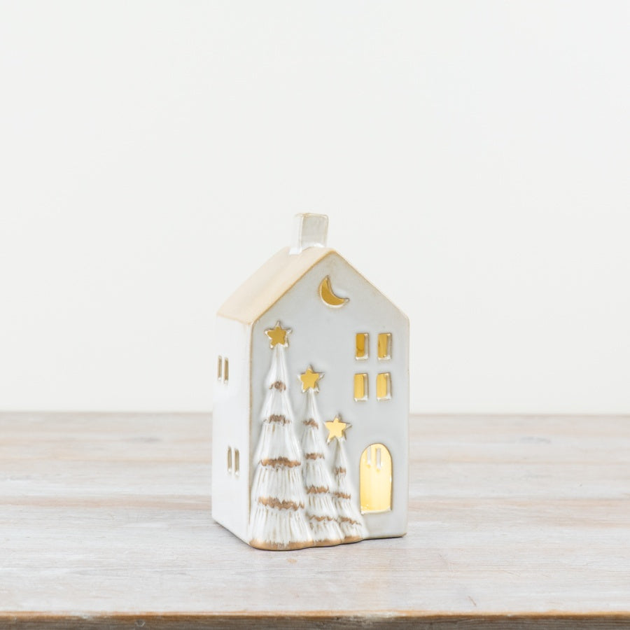 LED Christmas Tree House – 17cm White Ceramic Ornament with Gold 3D Trees, Warm Glow