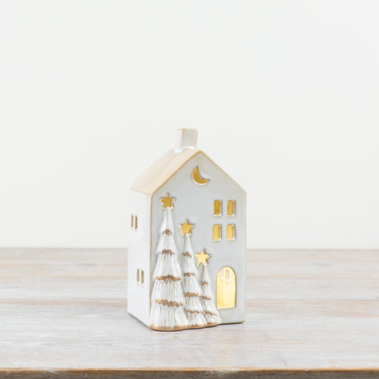 LED Christmas Tree House – 17cm White Ceramic Ornament with Gold 3D Trees, Warm Glow