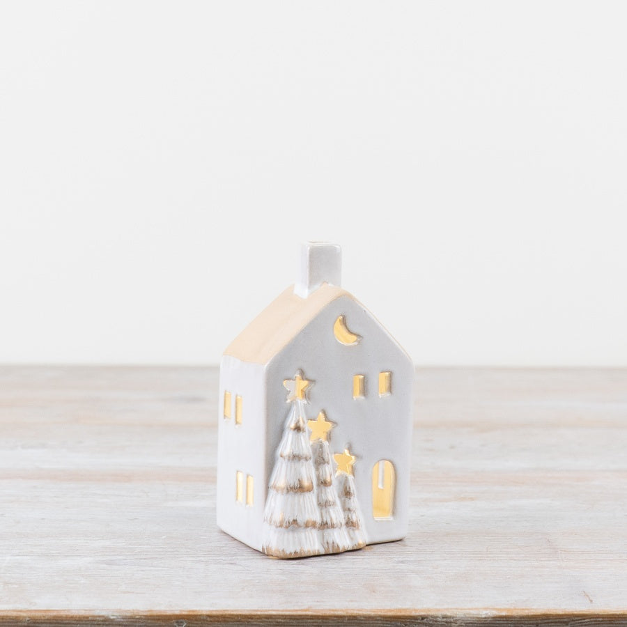 LED Christmas Tree House – 11cm White Ceramic Ornament with Gold 3D Trees, Warm Glow