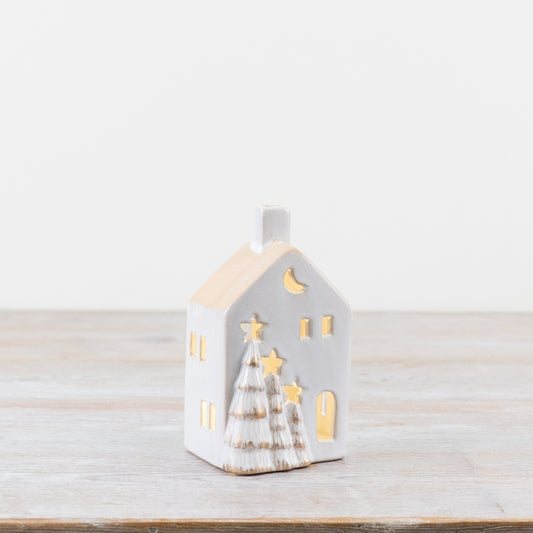 LED Christmas Tree House – 11cm White Ceramic Ornament with Gold 3D Trees, Warm Glow