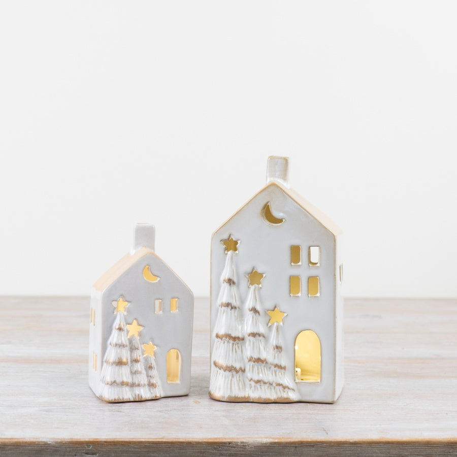 LED Christmas Tree House – 11cm White Ceramic Ornament with Gold 3D Trees, Warm Glow
