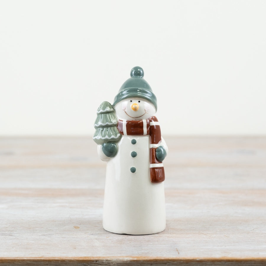Sage Green Snowman Ornament – 14cm Festive Christmas Decoration, Cute Snowman with Tree