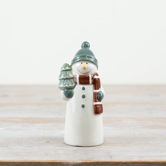 Sage Green Snowman Ornament – 14cm Festive Christmas Decoration, Cute Snowman with Tree