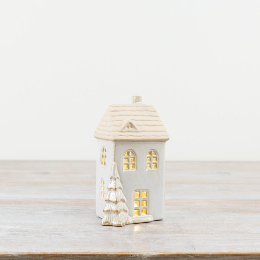 LED House Ornament with Gold Tree – 14cm Hand-Finished Christmas Decoration, Warm Glow
