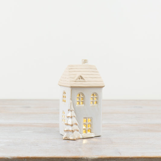 LED House Ornament with Gold Tree – 14cm Hand-Finished Christmas Decoration, Warm Glow