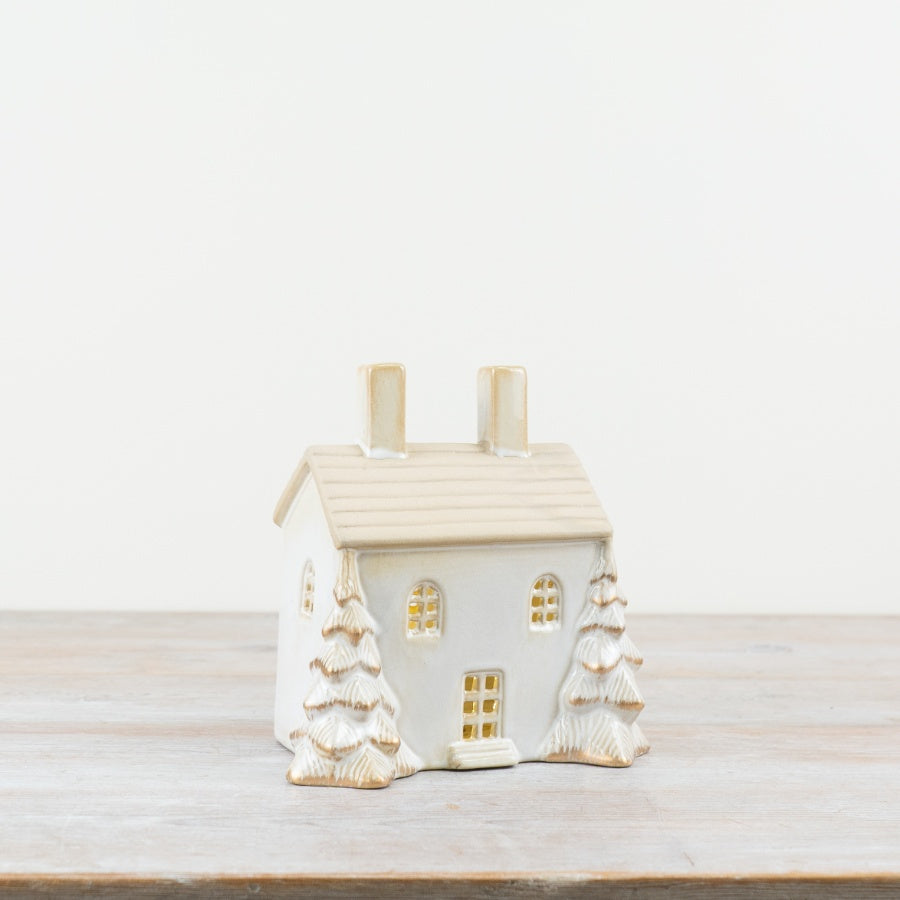LED House Ornament with Gold Tree – 17cm Hand-Finished Christmas Decoration, Warm Glow
