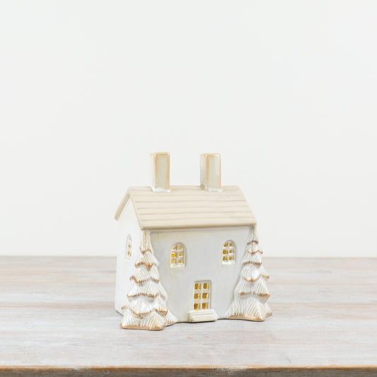 LED House Ornament with Gold Tree – 17cm Hand-Finished Christmas Decoration, Warm Glow