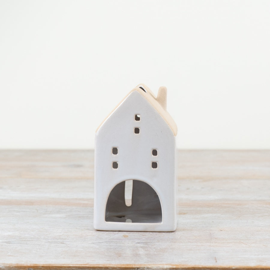 Natural Glazed Church Tealight Holder 10.5cm – Ceramic Candle Lantern with Cut Out Windows Festive Home Decor