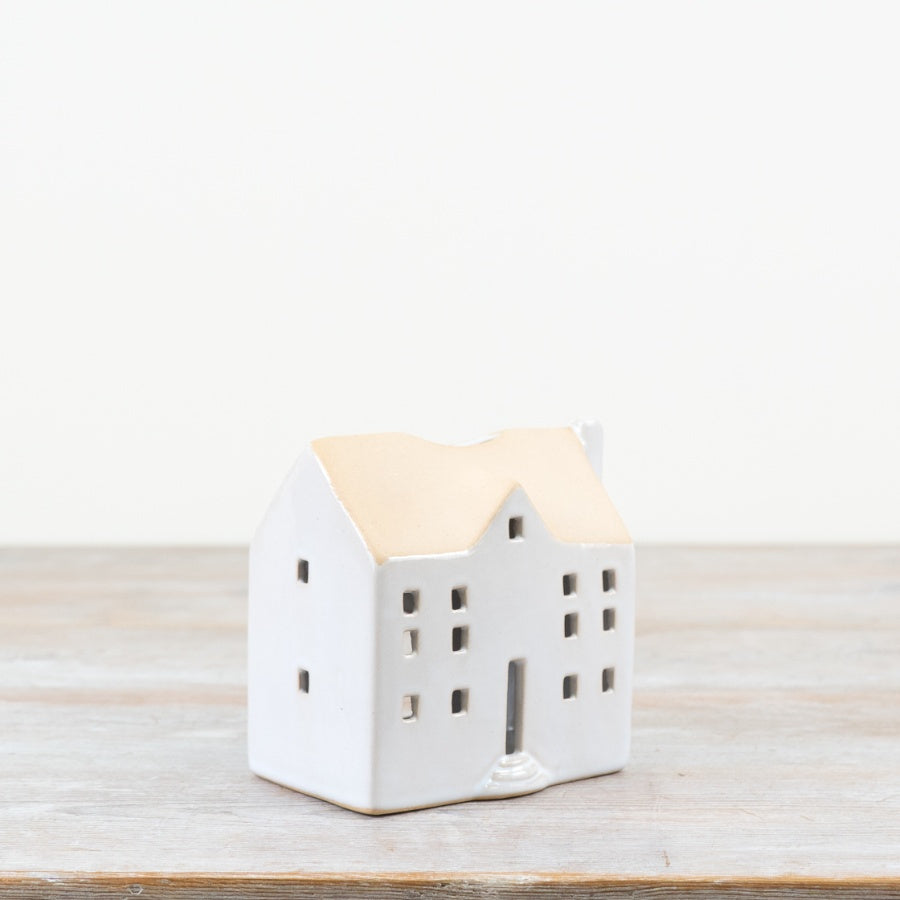 11.5cm Natural Glazed Church T-Light Holder – Ceramic Candle Lantern with Cut-Out Windows