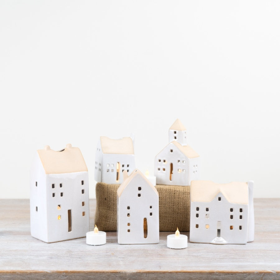11.5cm Natural Glazed Church T-Light Holder – Ceramic Candle Lantern with Cut-Out Windows