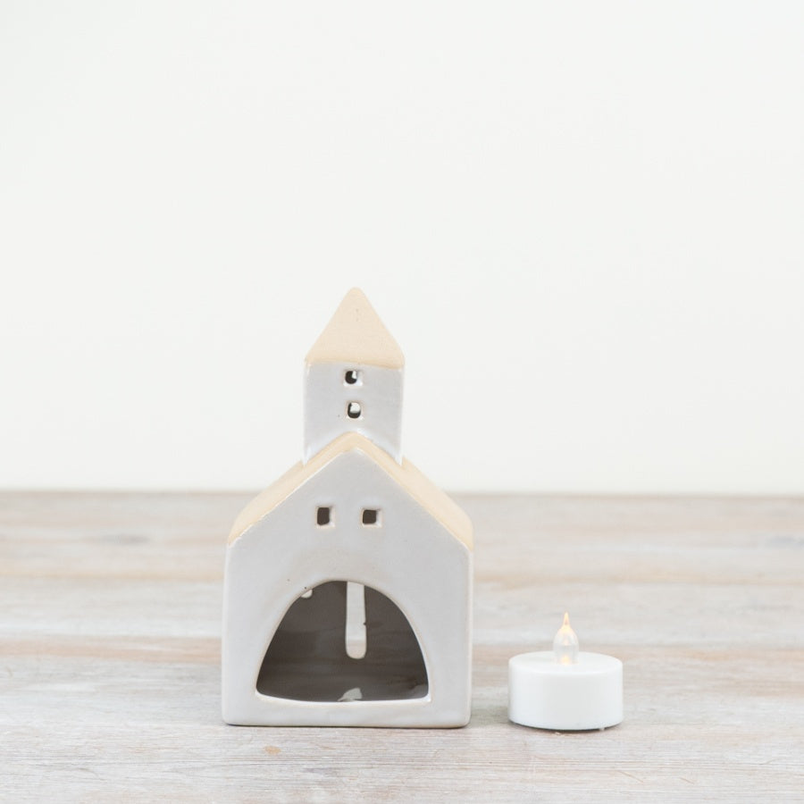 11.5cm Natural Glazed Church T-Light Holder – Ceramic Candle Lantern with Cut-Out Windows