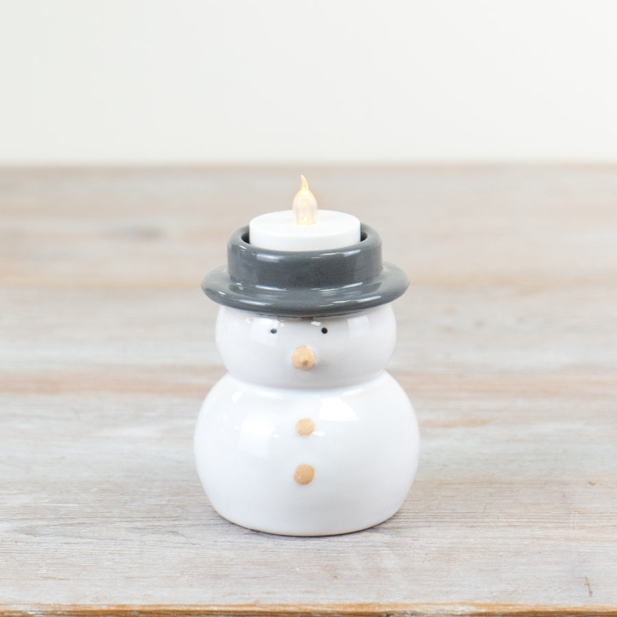 9.5cm Speckled Snowman Tealight Holder – Grey & White Stoneware Christmas Decoration