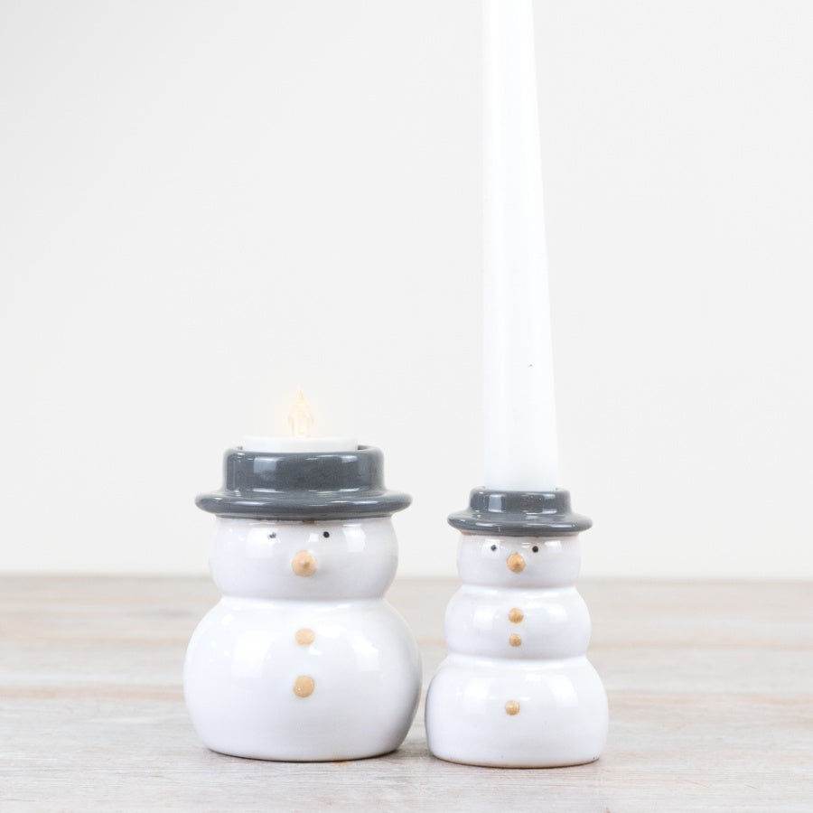 9.5cm Speckled Snowman Tealight Holder – Grey & White Stoneware Christmas Decoration