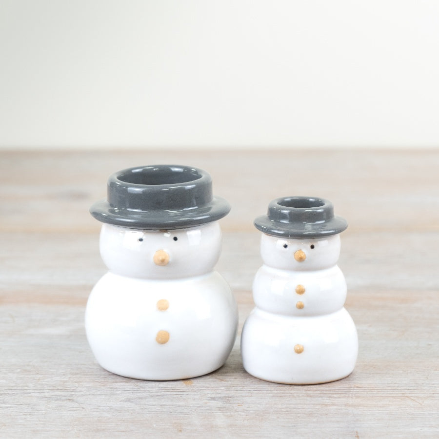 9.5cm Speckled Snowman Tealight Holder – Grey & White Stoneware Christmas Decoration