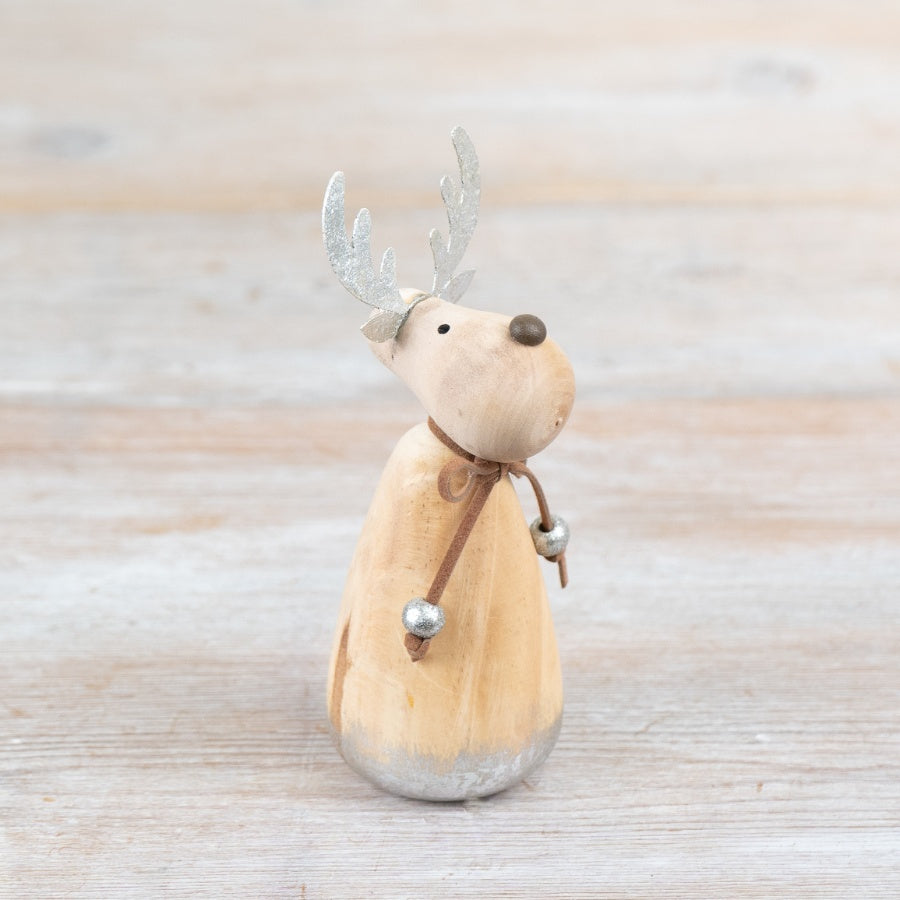 Wooden Reindeer Ornament – 13cm Rustic Woodland Decoration with Metal Antlers & Bow