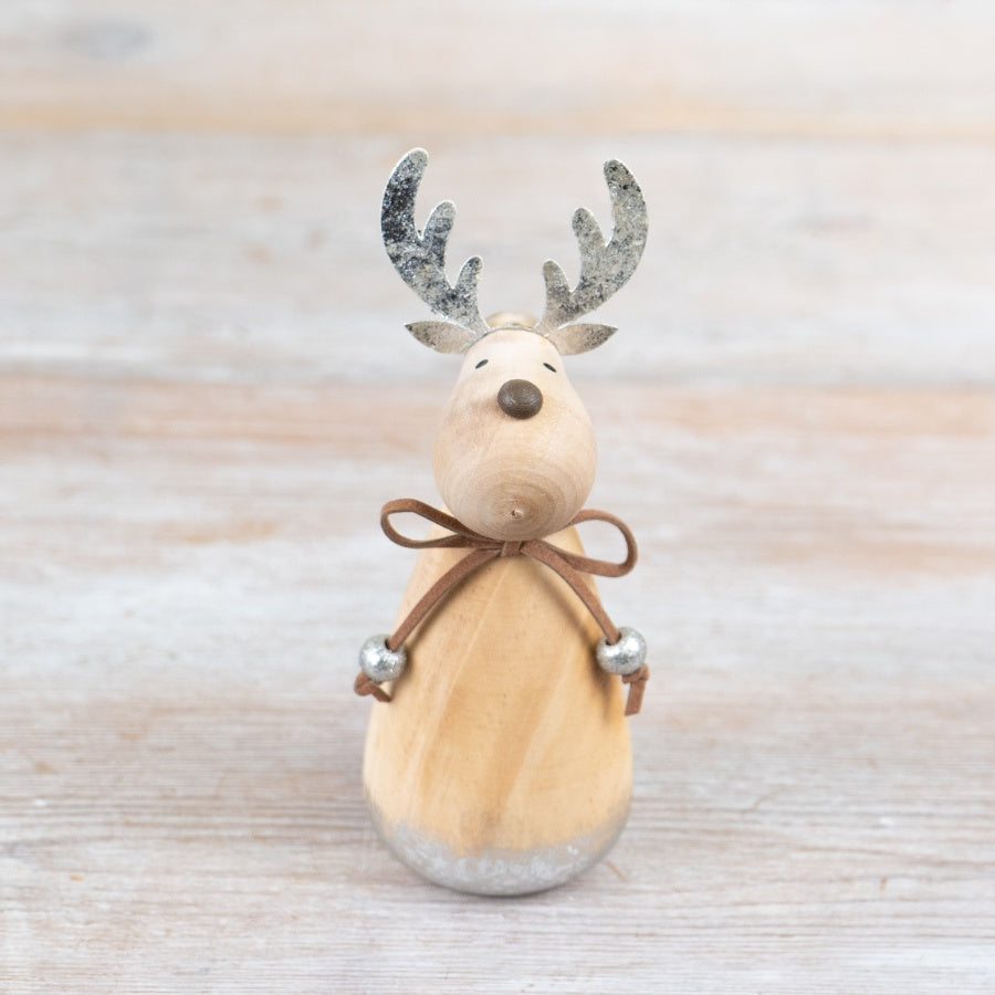 Wooden Reindeer Ornament – 13cm Rustic Woodland Decoration with Metal Antlers & Bow