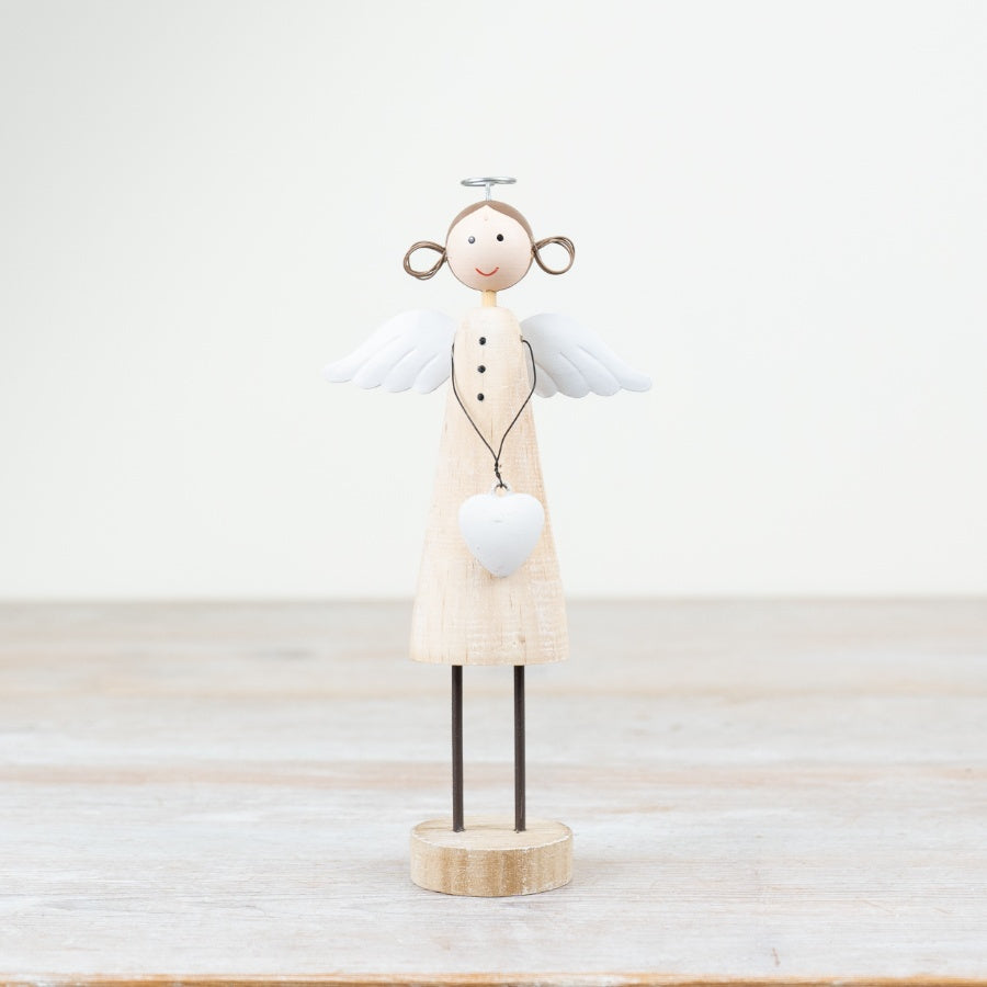 Wooden Angel with Heart Ornament – 19cm Rustic Decoration, Elegant Wooden Figure