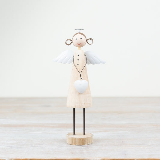 Wooden Angel with Heart Ornament – 19cm Rustic Decoration, Elegant Wooden Figure