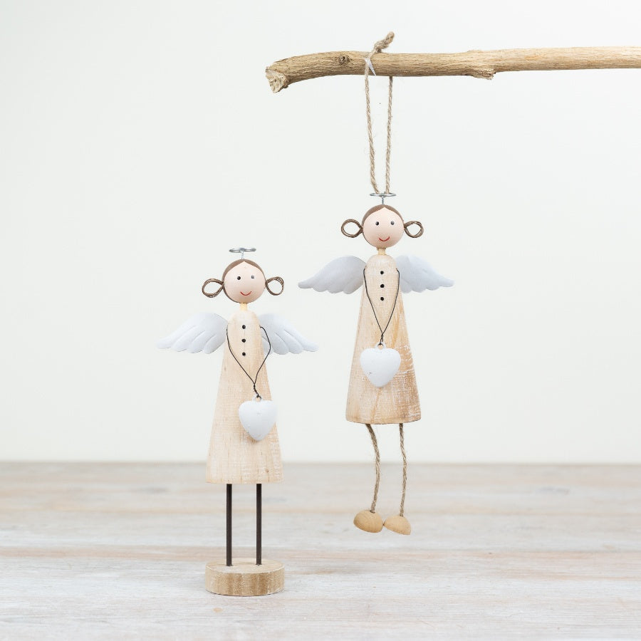 Wooden Angel with Heart Ornament – 19cm Rustic Decoration, Elegant Wooden Figure