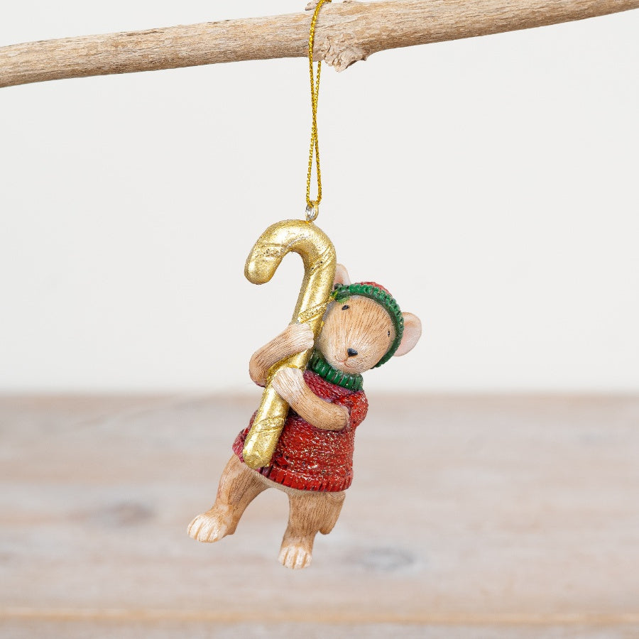 Hanging Mouse with Candy Cane, 8.5cm