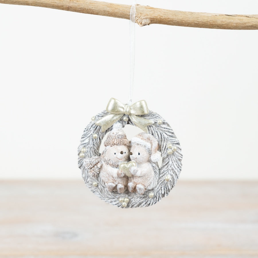 Hedgehog Wreath Hanger 8.5cm – Glittery Decorative Woodland Ornament