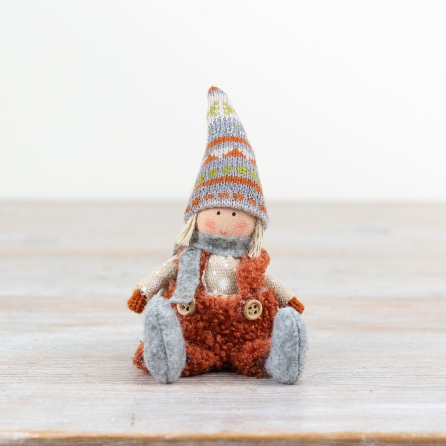 8cm Sitting Fabric Girl Decoration – Festive Christmas Ornament in Green Dungarees Seasonal Love
