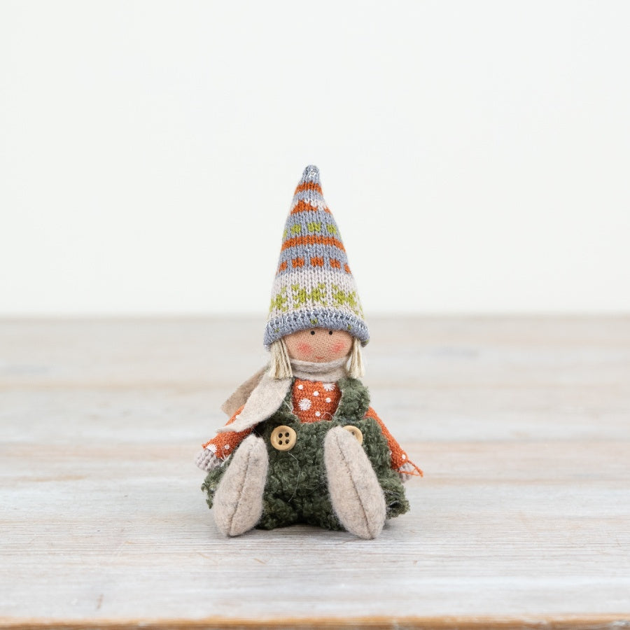 8cm Sitting Fabric Girl Decoration – Festive Christmas Ornament in Green Dungarees