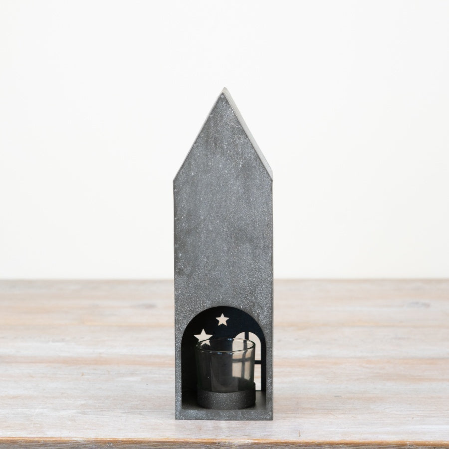 Grey Town House T-Light Holder – 27.5cm Ceramic Candle Holder with Cut-Out Windows