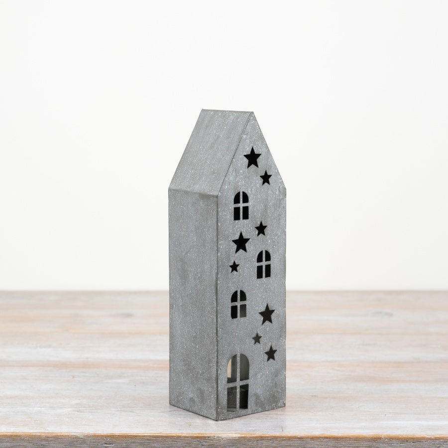 Grey Town House T-Light Holder – 27.5cm Ceramic Candle Holder with Cut-Out Windows