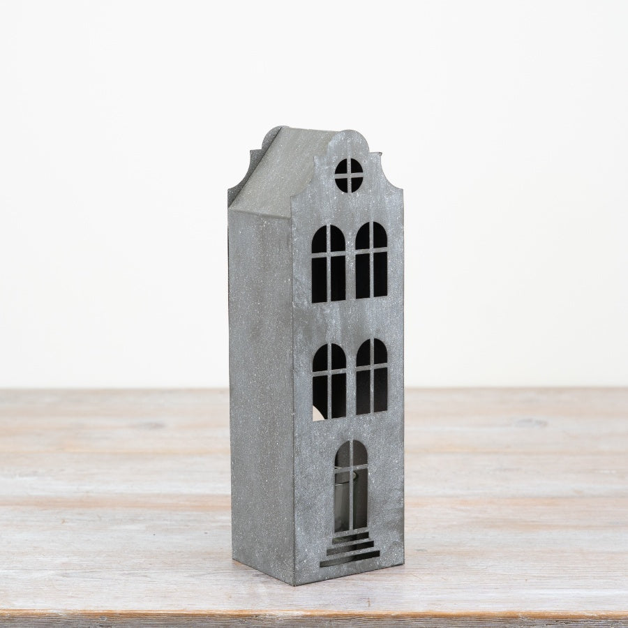 Grey Town House T-Light Holder – 27cm Ceramic Candle Holder with Cut-Out Windows