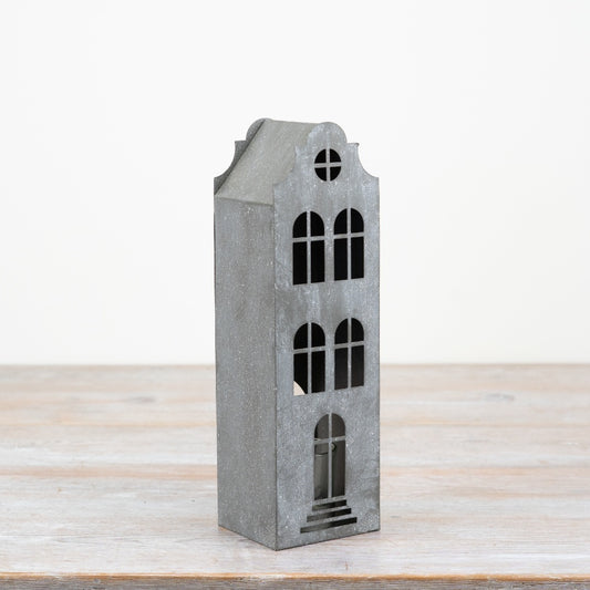 Grey Town House T-Light Holder – 27cm Ceramic Candle Holder with Cut-Out Windows