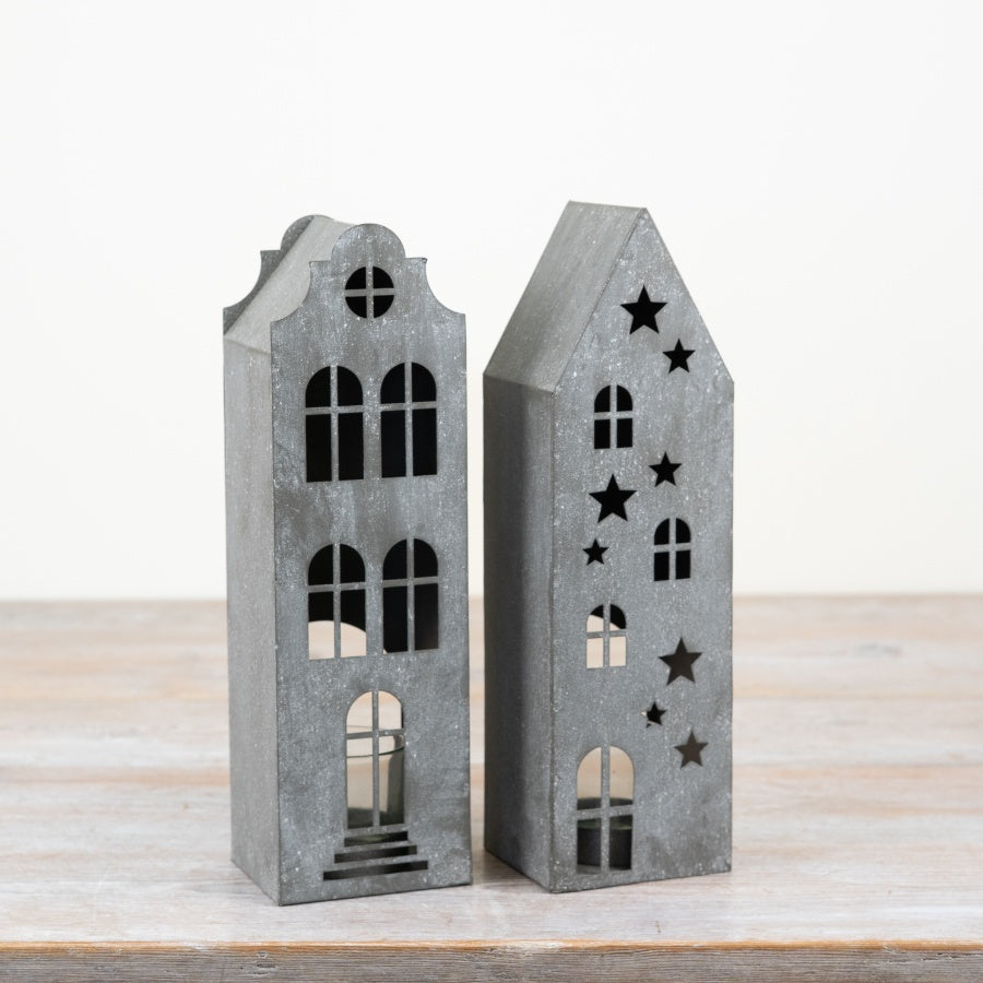 Grey Town House T-Light Holder – 27cm Ceramic Candle Holder with Cut-Out Windows