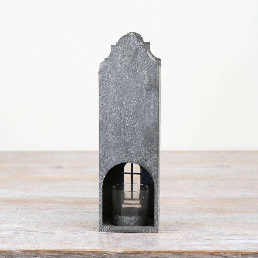 Grey Town House T-Light Holder – 27cm Ceramic Candle Holder with Cut-Out Windows
